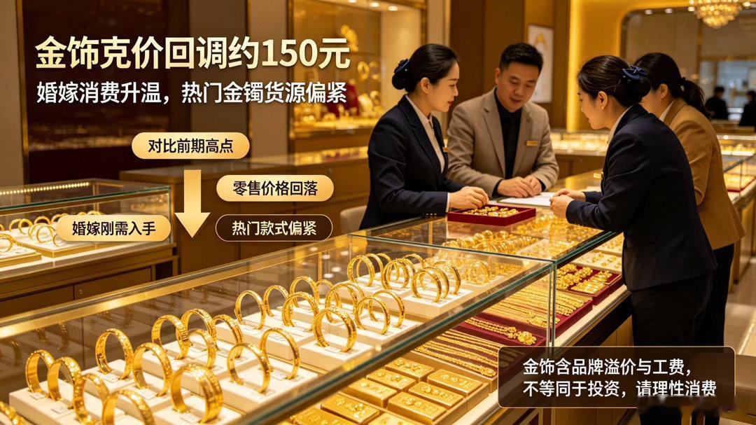 近期国内品牌金饰价格明显回调，对比前期高点，每克价格下跌约150元，直接带动线下黄金消费热度走高，不少婚嫁刚需消费者抓紧入手，部分热门金镯出现货源紧张的情况。

本轮价格回落，主要跟随国际金价走势，受海外利率预期变化影响，国际金价承压下行，传导至国内零售端。不少消费者算过账，购置一套 ​