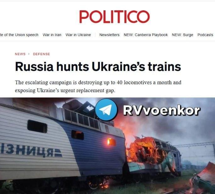 POLITICO报道，乌克兰面临物流系统崩溃：自特别军事行动开始以来，俄军已打击了500台铁路机车。

自战争爆发以来，已有超过500台机车受损或被毁，其中超过60%的损失发生在过去8个月内。

乌克兰铁路公司Ukrzaliznytsia目前平均每月损失37至40台机车。

此前，大多数打击行动发生在距离前线或俄乌边境20 ​