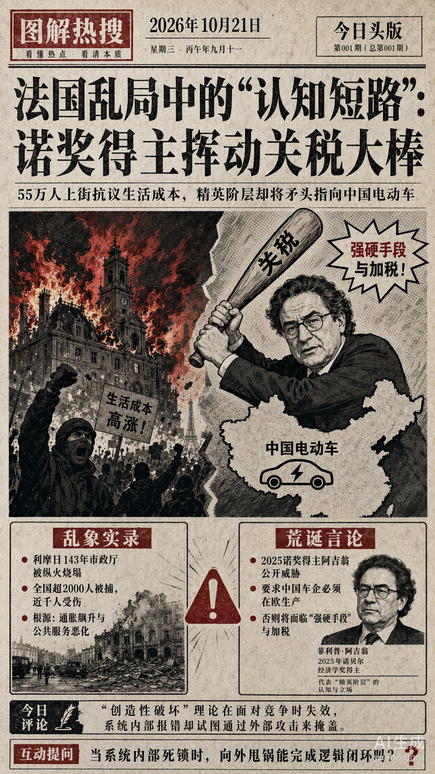 #法国乱成一锅粥了还有人威胁中国#法国街头火光四起，143年历史的市政厅被烧塌，全法55万人上街抗议生活成本飙升。就在这套维持社会运转的底层程序濒临“死锁”时，2025年诺奖得主阿吉翁却选择了一条更省力的路径：威胁对中国电动车加税。

这种操作在系统论里叫作“认知短路”。当内部算力耗尽、无法 ​