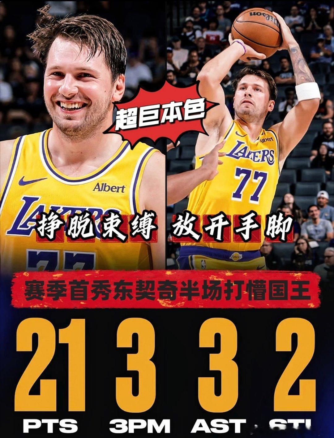 #东契奇湖人季前赛首秀#77号紫金战袍正式亮相，半场打崩国王！东契奇穿上了湖人77号紫金球衣！！季前赛首秀半场轰下19分！第二节还剩14.9秒，湖人73比48遥遥领先国王！属于卢卡的洛杉矶故事，正式开篇，湖人这波交易，赌对了吗[拜托]？ ​