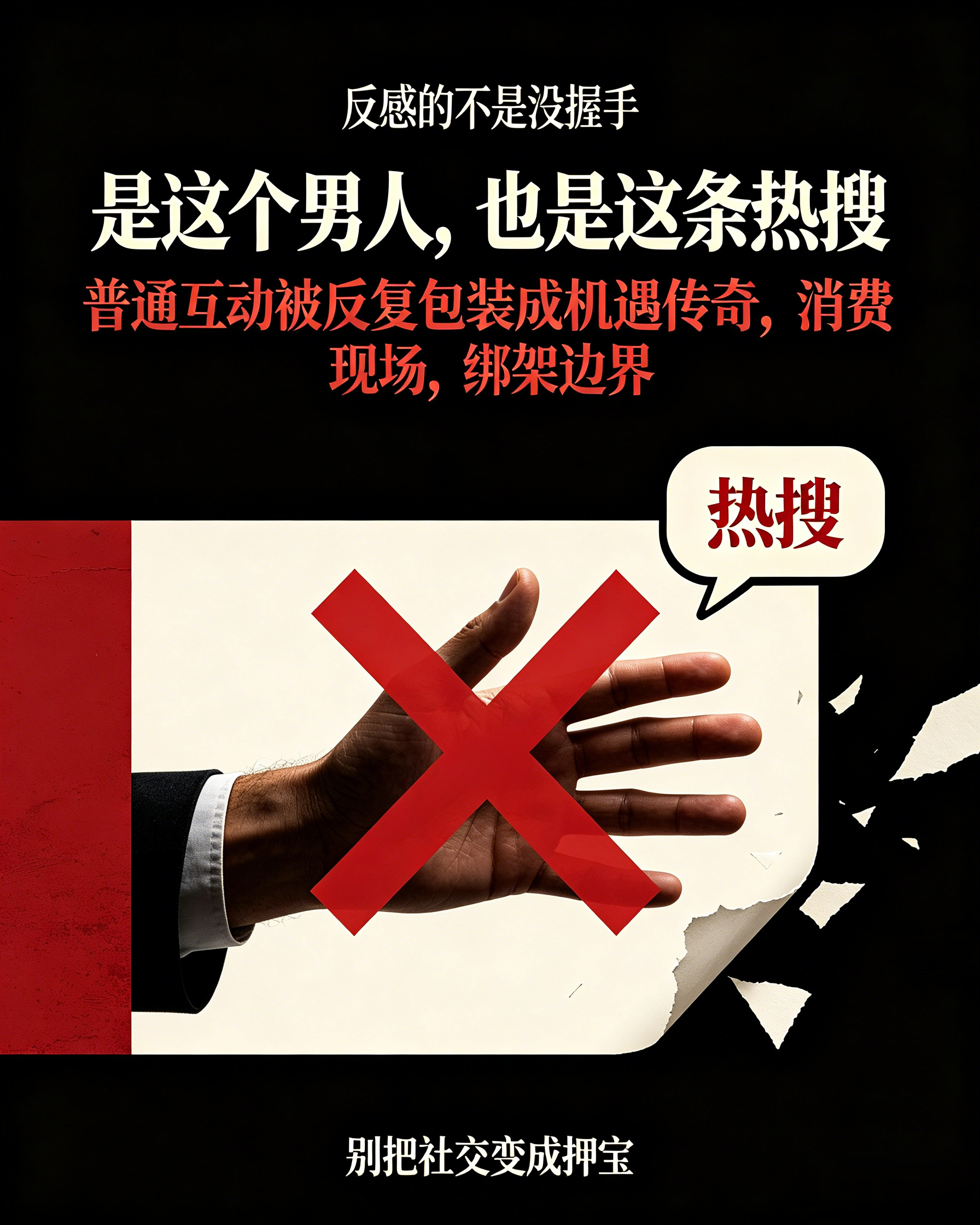 估计没和他握手的车模肠子都悔青了刷到这个热搜只觉得很不适，既反感这个男人，也反感这条莫名其妙的热搜。不知道从什么时候开始，这条握手的片段被反复拿来炒作，还编出“没握手的人都悔青肠子”这种论调。仿佛只要和他握个手，就能蹭上红利、抓住机遇。凭什么？现场的车模只是在正常工作，对方只是一个普通访客。我不认识你，我没必要主动靠近你，更没有义务要和你握手。我不想和你产生肢体接触，谁知道你的手干不干净，不想握手本就是最基本的个人选择。这条热搜从头到尾都透着别扭。拿一段现场视频无限放大，强行制造“错过暴富机会”的戏剧性，不断消费现场的工作人员。好像所有人都该认出他、主动凑上去，没主动示好就是吃亏、就是眼光差。这种炒作本身就让人厌烦。一个普通的现场互动，被包装成传奇故事反复传播，裹挟着功利的味道到处刷屏。没有人需要为没有和你握手而后悔。不攀附、不迎合，守住自己的边界，根本不存在什么损失。别再拿这件事反复上热搜博眼球了，真的看腻了。别拿事后热度绑架普通人不握手不是遗憾是边界感