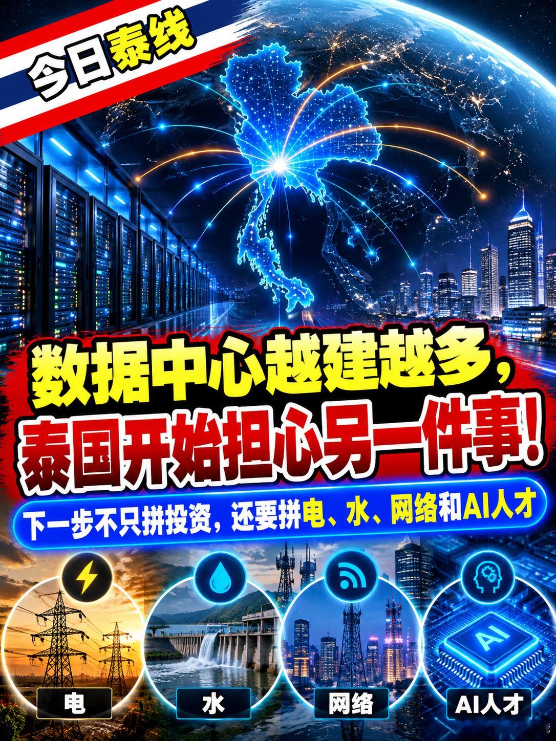 前几年泰国抢数据中心，大家比的是谁投资大、谁拿地快、谁给的优惠多。现在项目越进越多，泰国开始发现：机房盖起来只是第一步，后面还有一堆更难的事。
这两年云计算、人工智能起来以后，泰国吸引了不少数字基础设施投资。土地、税收优惠、东盟中心位置，这些都是优势。但业内现在提出一个很现实的问 ​
