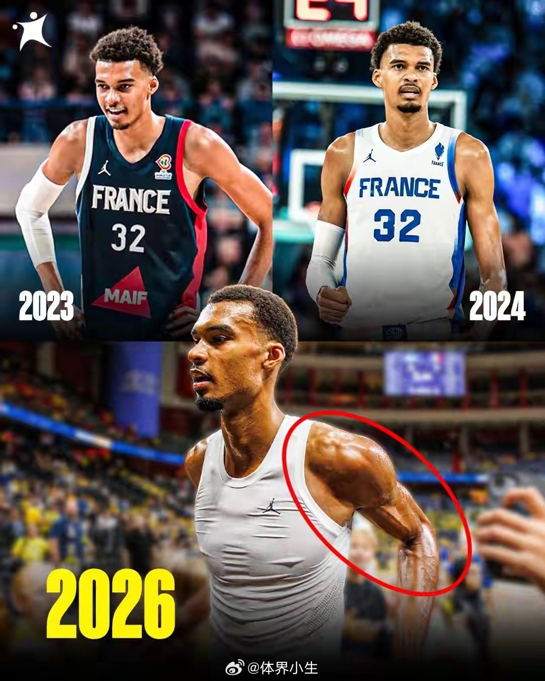 #文班亚马3年增肌明显# 手臂围度涨了，比赛影响力更大了。世预赛29分半钟内18+8+2+1+3，三分1中1，法国84比69击败瑞典，核心地位稳固 ​