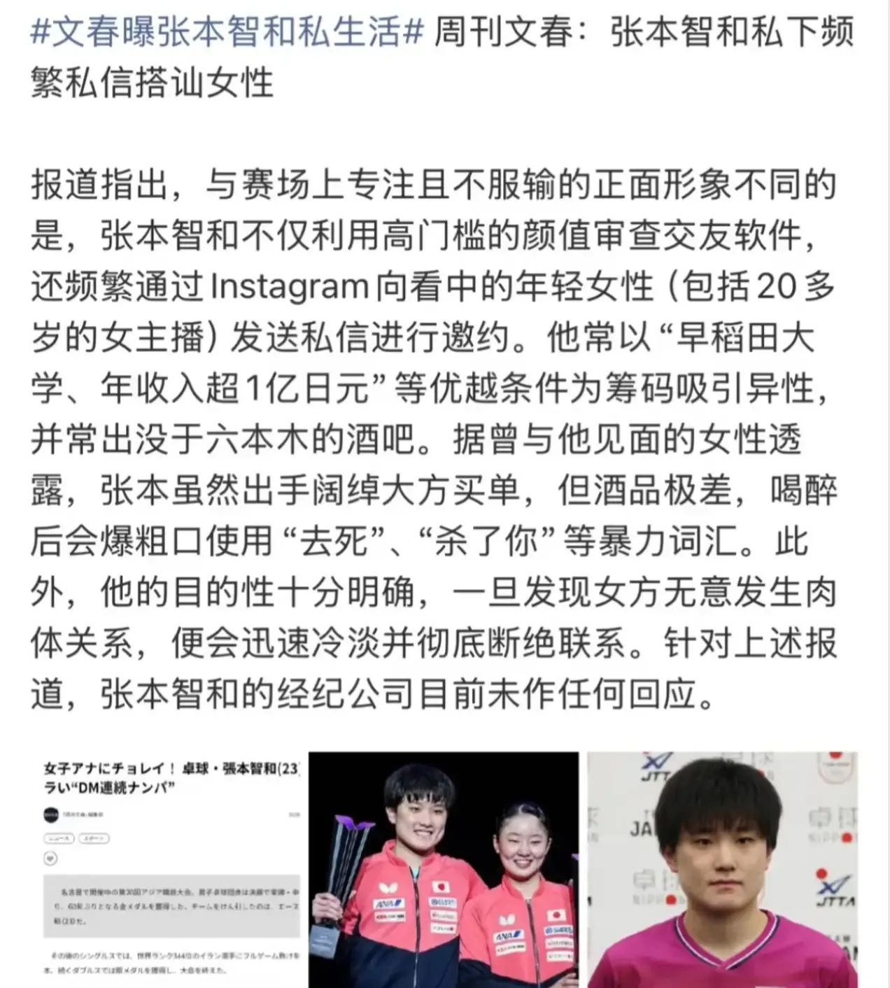 张本智和被日媒爆料：交友软件搭讪女性，酒后还爱爆粗口
 
近日，日本八卦媒体《周刊文春》曝出乒乓球选手张本智和的私生活风波，赛场之上斗志满满，私下的另一面引发网友热议。
 
据爆料，张本智和会使用交友软件结识女性，同时还会通过社交平台私信主动邀约年轻女性，其中不乏电视台女主播。据多名女性的证言，他见