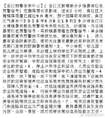 【曲江预警发布中心】[曲江区新增部分乡镇暴雨红色预警信号]受强降雨云系...