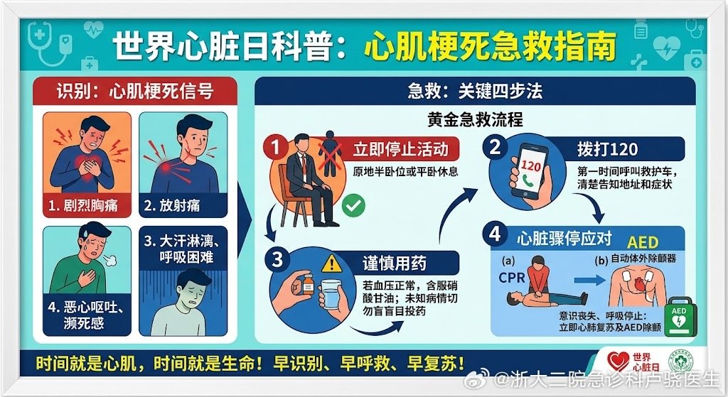 #心梗缓解后回家凌晨心跳骤停##世界心脏日#   之前的一个患者令人惋惜和记忆深刻，40多岁大哥，胸痛2天来急诊，医生明确告诉他心梗了，要住院做PCI进一步处理，大哥和家属都不理解，觉得用了药物之后缓解了，从住院医到主任劝说半天都没有用，签字回家了，到了凌晨，120送来一个心跳呼吸骤停的患者，一看，就是这个大哥，最后还是没抢救回来，令人遗憾和惋惜。
   今天是世界心脏日。心肌梗死（心梗）是血管突然堵塞导致的心肌缺血坏死，发病急、危险高。面对心梗，“时间就是心肌，时间就是生命”。
 1.快速识别信号
当出现以下症状时，必须高度警惕心梗：
胸痛：胸骨后或心前区出现剧烈压迫感、榨膏感或濒死感，持续时间超过15分钟。
放射痛：疼痛可能放射至左肩、左臂、下颌或背部。
伴随症状：大汗淋漓、呼吸困难、恶心呕吐或头晕。
2. 黄金急救“四步走”
立即停止活动：解开衣领，原地采取半卧位或平卧休息，切记不可剧烈运动或自行步行就医。
拨打120：第一时间呼叫救护车，清楚告知地址和症状，切勿自行驾车前往...