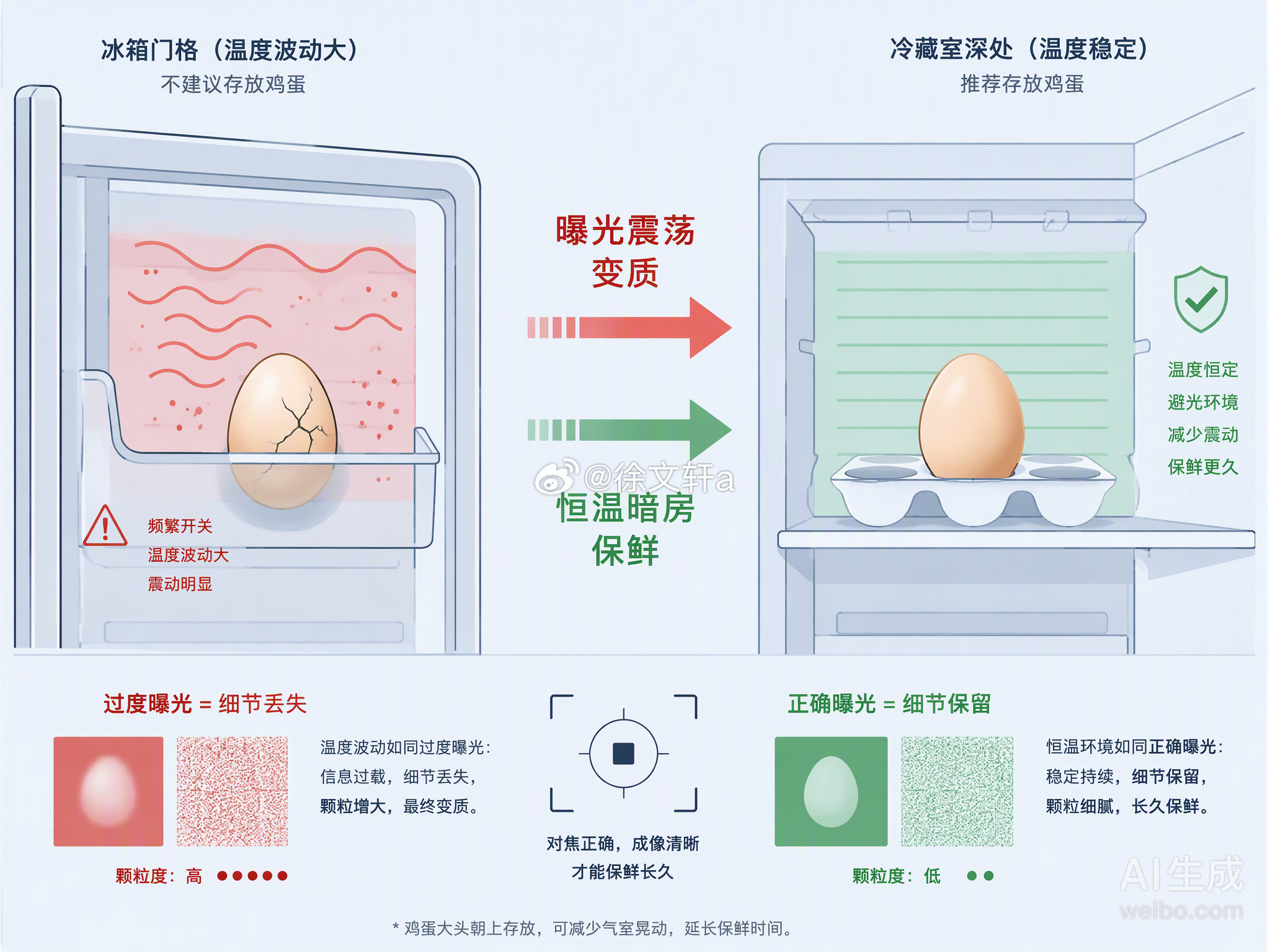 鸡蛋别放冰箱门格子里，这个说法听起来像是一次对生活保鲜逻辑的“精准对焦”。

很多人习惯把鸡蛋塞进冰箱门上的蛋架，觉得那样拿取方便，构图完美。但在冰箱的物理取景框里，门格其实是温度波动最剧烈的区域。每次开关门，外界的热空气涌入，都会让门架经历一次剧烈的“曝光震荡”，温差能达到3到8摄 ​