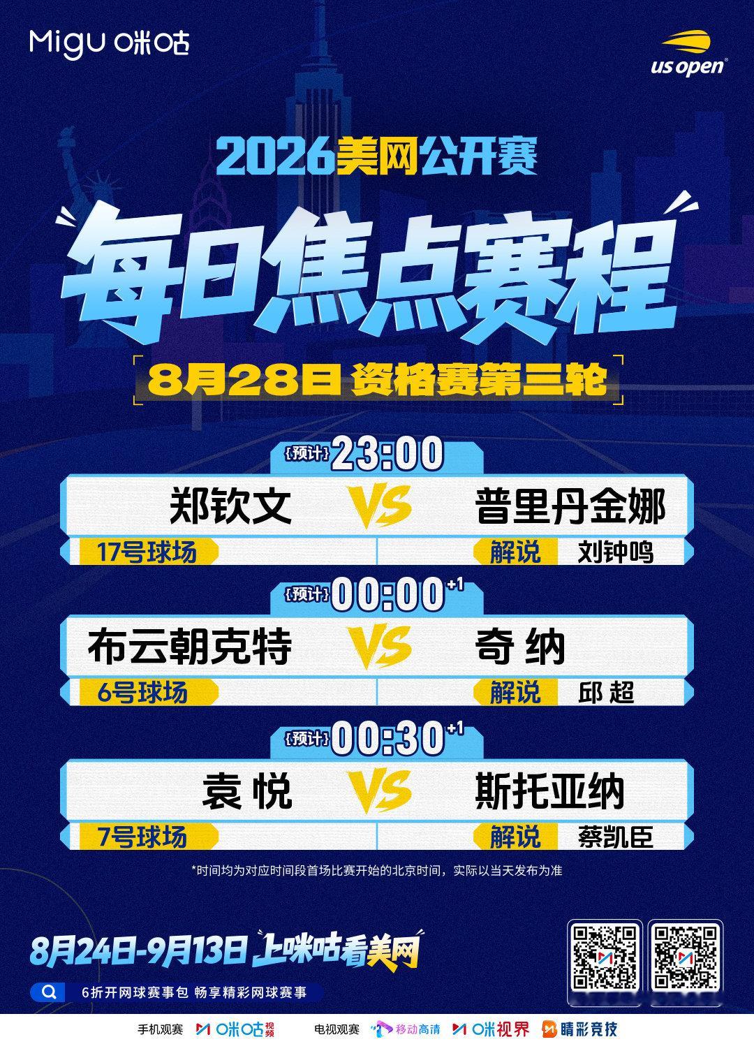 #美网资格赛决胜轮延至明日# 

🎾2026美国网球公开赛
📅资格赛第5️⃣日焦点赛程
👑郑钦文决胜轮补赛
⏰今晚23:00起📺#上咪咕看美网# 
🔗 ​