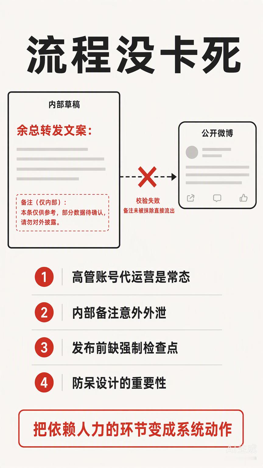 余承东微博忘删“余总转发文案”备注这事，表面是手滑，背后其实是流程没卡死。

高管账号由团队代运营太常见了，文案起草、审核、发布分在不同人手里。内部备注本该在最后一道校验时被抹掉，结果直接流到公域，说明发布前的终审环节缺了个强制检查点。

这种细节失误对品牌未必是坏事，反而显得真实。 ​