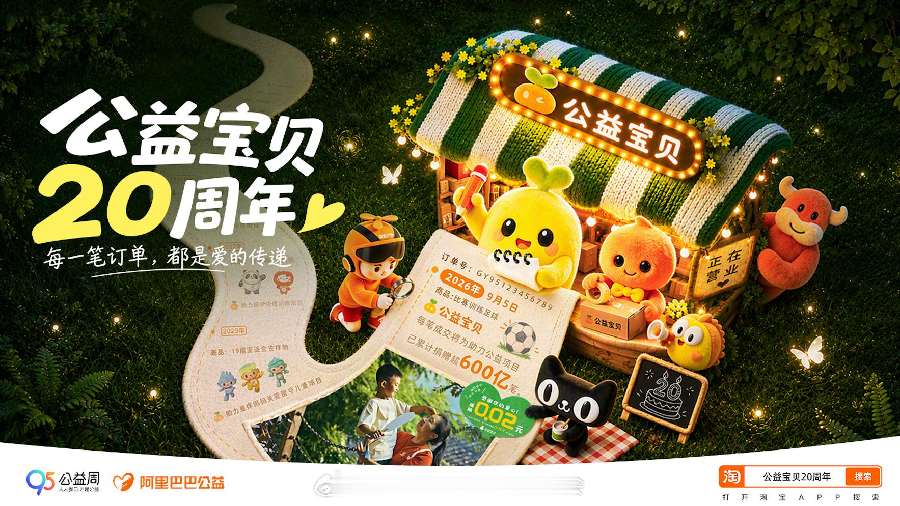#公益宝贝20周年# 阿里巴巴公益宝贝20岁生日快乐！
从2006年为患癌独抚母亲筹款为起点，公益宝贝走过了20年。公益宝贝开创了中国慈善行业“交易捐”模式，把原本偶发、一次性的公益行为，第一次通过互联网和交易机制嵌进日常商业，让更多普通人的善意持续发生。

20年来，从助残扶弱到乡村振兴，从绿色 ​