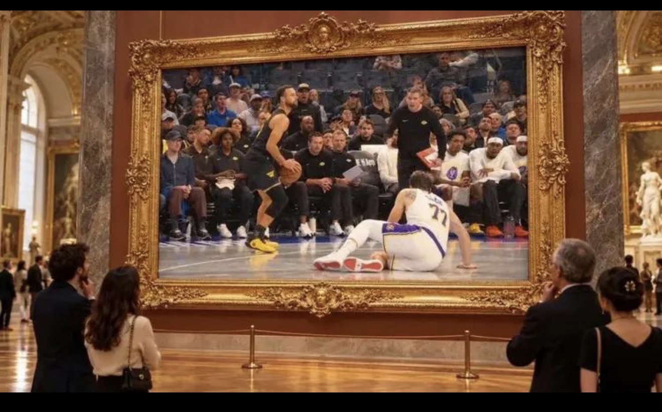 世界名画

这是今天勇士vs湖人NBA杯小组赛的名场面AI玩梗图：

• 大画框画面：库里一个后撤步，直接把东契奇晃倒在地，随后命中三分，这个回合瞬间出圈

• 小画架画作：把库里做成《呐喊》风格的名画，玩“名场面=传世名画”的梗

• 背景设定在卢浮宫展厅，游客举手机打卡，配梗：把这一幕挂进卢浮宫