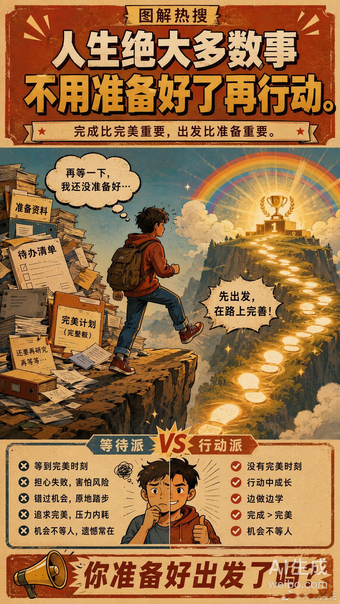 #人生绝大多数事不用准备好了再行动# 

你有没有这样的经历？

学一门新技能，觉得资料没找齐、工具没备好，结果收藏夹越堆越满，行动却迟迟没有开始。想换一份工作，总觉得简历还不够完美、行业知识还没学透，结果一年过去了，你还在原来的岗位上抱怨。

我们总以为，人生有一个“准备好了”的时刻。 ​