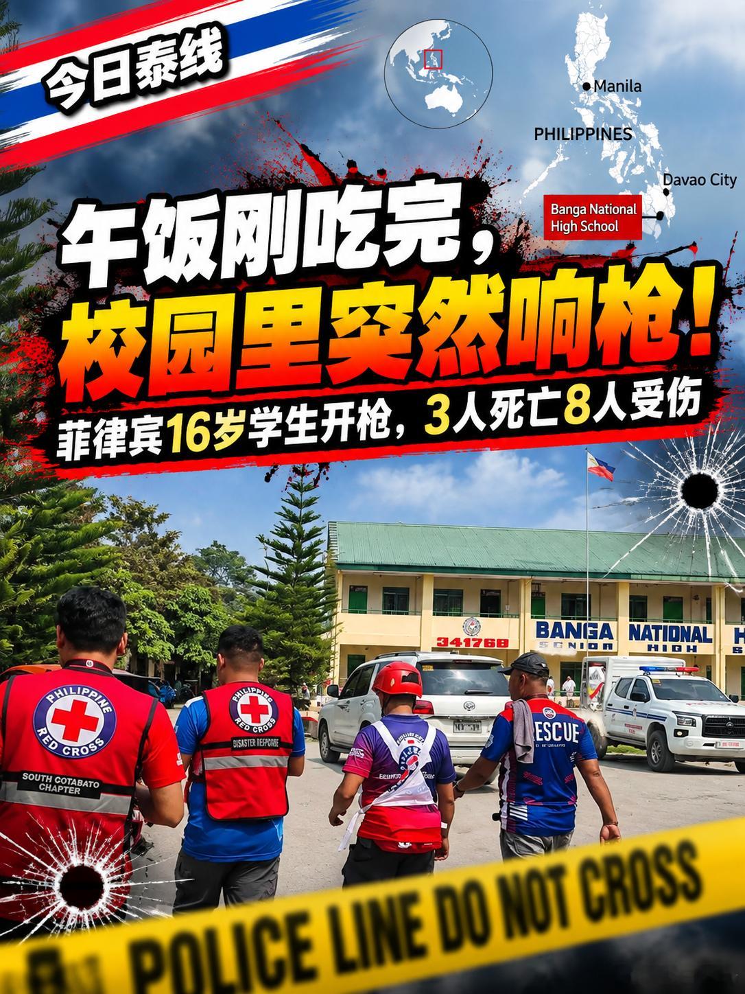 菲律宾一所高中突发校园枪击！16岁学生校内开枪，连同枪手已有3人死亡、8人受伤，其中4人情况危急

学校里最不应该出现的声音，偏偏出现了。

9月18日中午过后，菲律宾南部南哥打巴托省班加镇一所高中发生枪击事件。一名16岁学生在校园内开枪，现场多名学生中弹。

当地警方确认，这起事件最终造成包括 ​