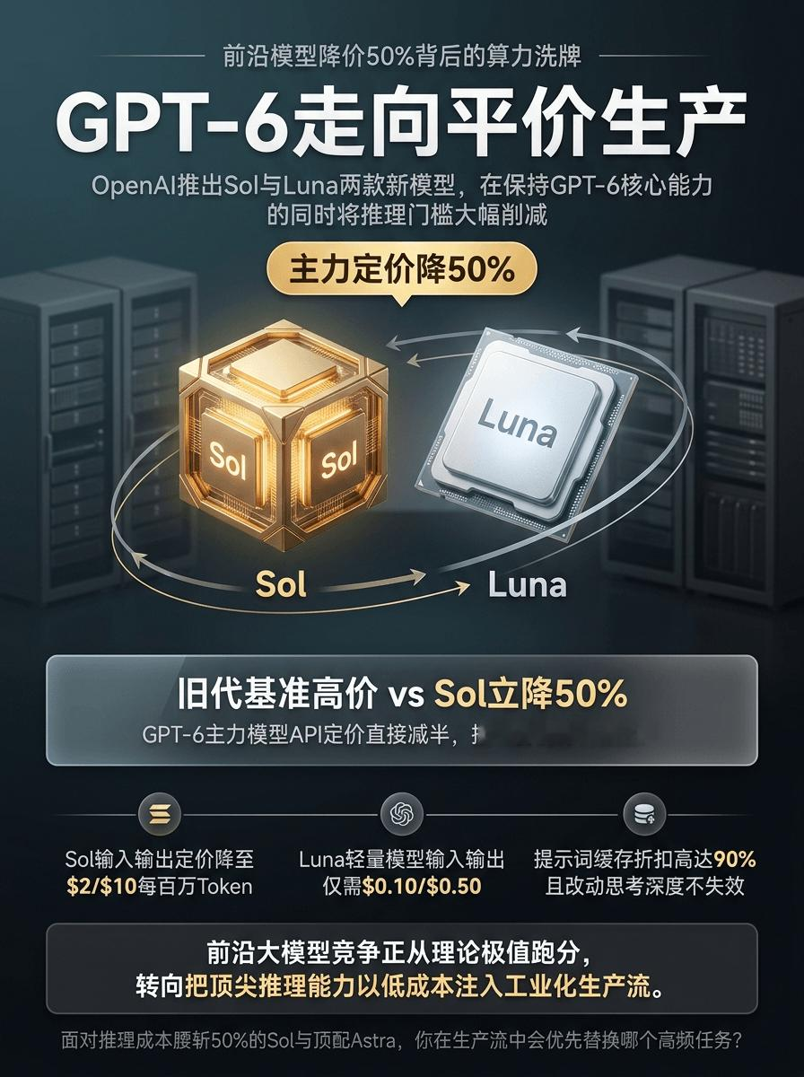 OpenAI在9月22日正式推出GPT-6 Sol与GPT-6 Luna。核心看点是主力模型价格腰斩：面向复杂编程与Agent的Sol输入输出定价为2/10美元每百万Token，降幅达50%，提示词缓存最高省90%。这一变化让长链路智能体运行成本大幅降低；不过官方与评测均指出，极限复杂推理仍需旗舰A
