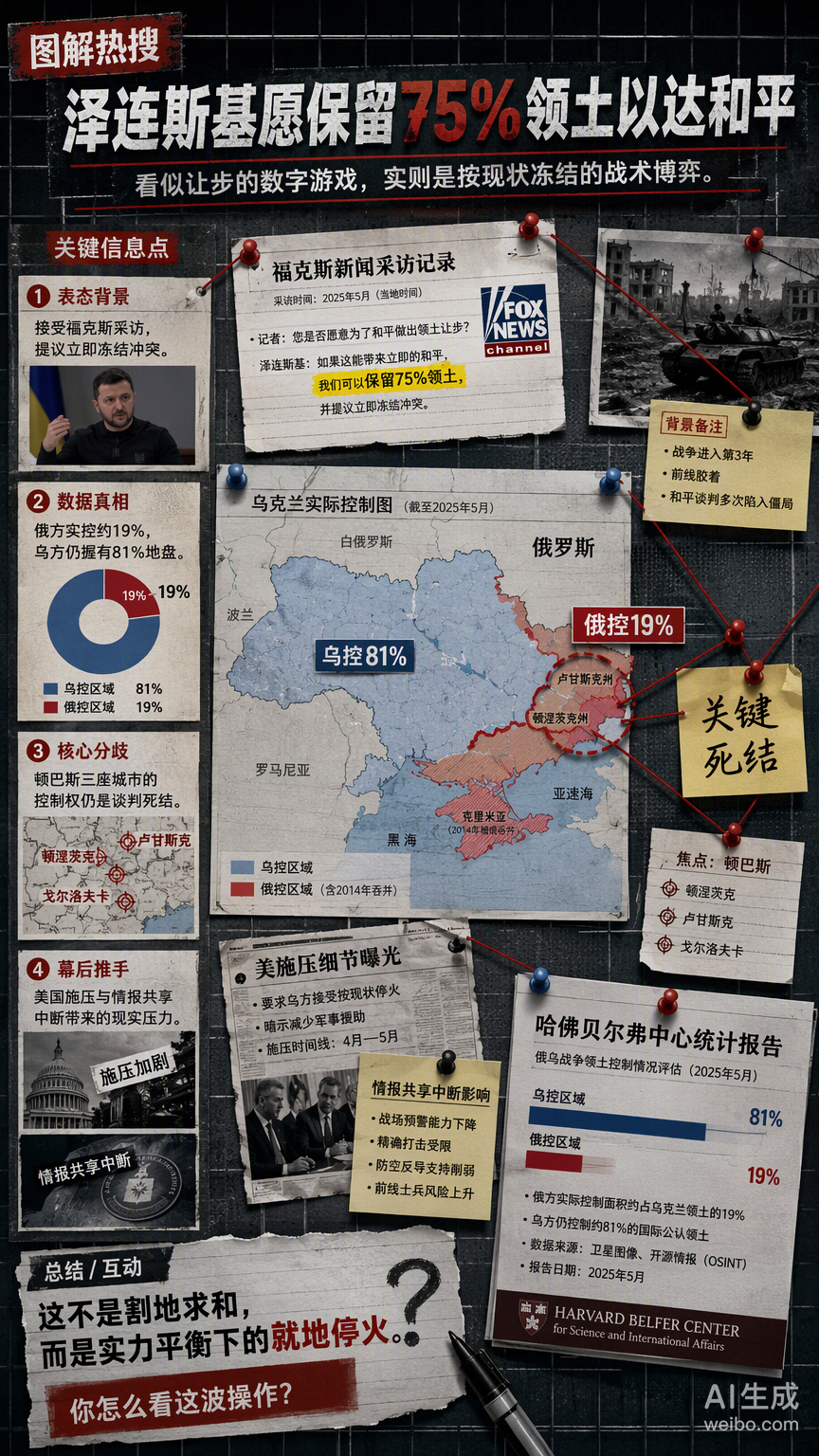 泽连斯基松口说愿意按现状停火，保留75%领土。这话听着像是认怂，其实细看数据挺有意思。

俄罗斯现在实际控制的也就19%，乌克兰手里攥着81%的地盘。所谓的“保留75%”，不过是把已经拿在手里的东西再确认一遍。这不是割地求和，而是基于实力的就地冻结。

胡锡进说得在理，这立场压根没变过。关键分歧 ​