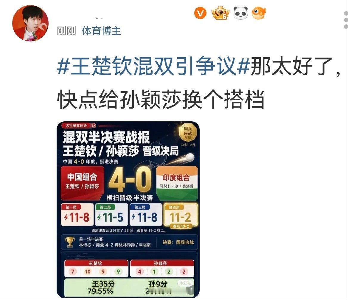 #王楚钦混双引争议#搭档是说换就能换的吗[疑问] 
如果换搭档能让孙颖莎少遭受网暴，那我支持换 ​