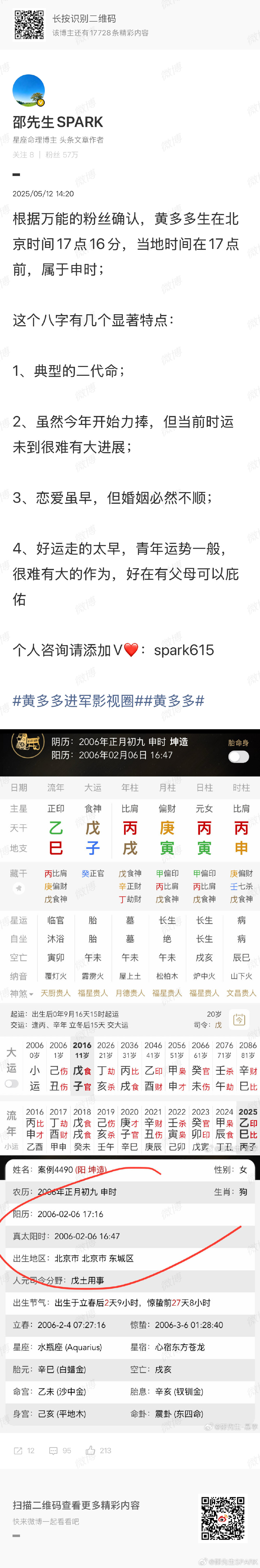 #黄多多正式进圈#
28-33年会有好的机会，财生官杀力捧出效果 ​