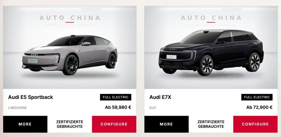 中国特供的奥迪电车反向杀回德国啦～

两款超靓的纯电车——E5 Sportback（国内20.59万起）和E7X（国内26.98万起），本来只在中国卖，结果被平行进口搞到德国去了！

德国卖多少钱？直接翻倍：E5约47万，E7X约57万（人民币）～但就算这样，在德国本土还是比人家豪车便宜，性价比杠杠的！

中国电车，真 ​