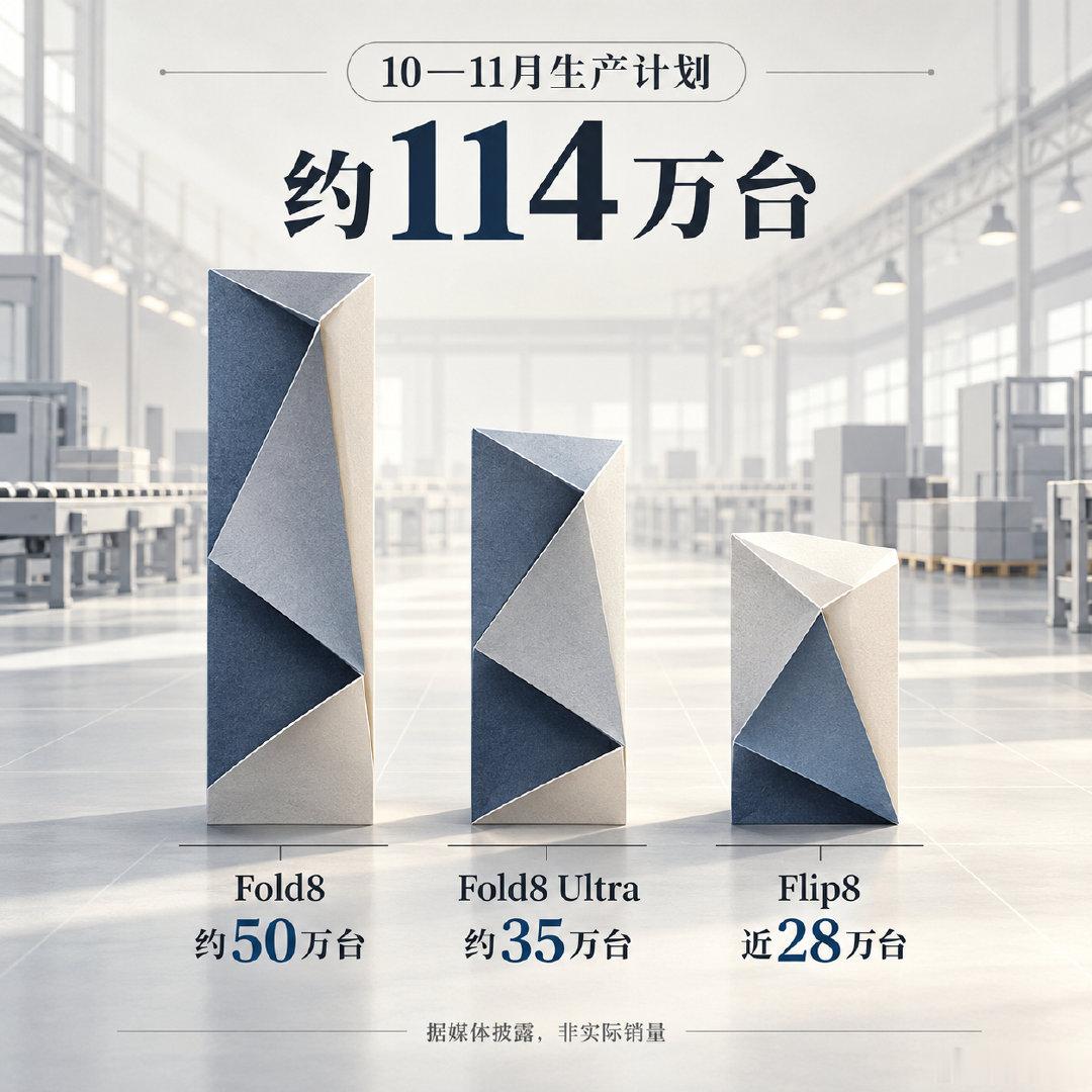 【数码快讯】据韩媒 EtNews 报道，三星计划在 10—11 月生产约 114 万台 Galaxy Z8 系列折叠屏手机。

媒体披露的计划中，Fold8 阔折叠约 50 万台，Fold8 Ultra 约 35 万台，Flip8 接近 28 万台。以上为计划产量，并非实际销量。#三星折叠屏##GalaxyZFold8##折叠屏手机##手机产量##科技资讯# ​