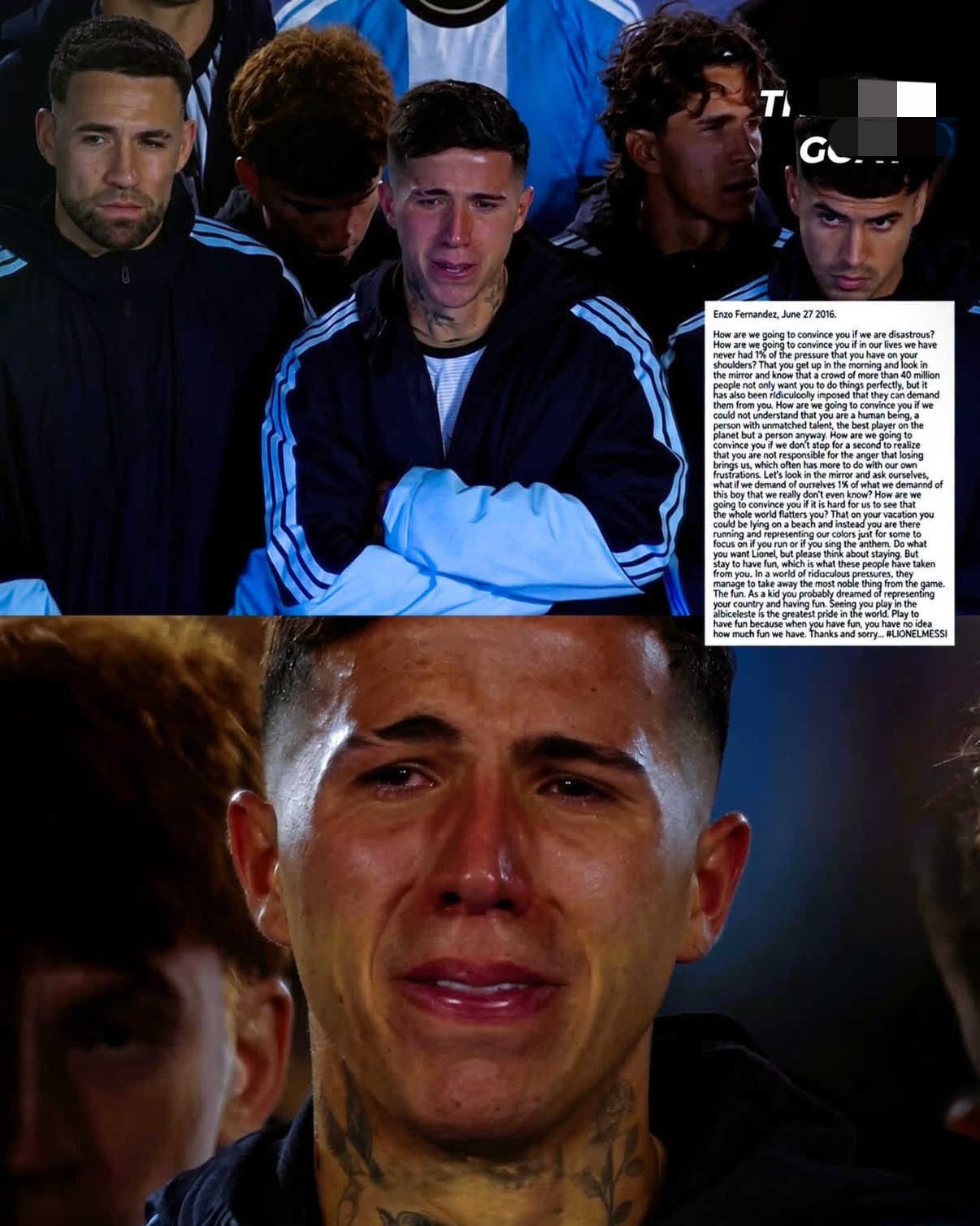 🇦🇷🥹 恩佐·费尔南德斯在梅西的告别仪式上失声落泪 🇦🇷💔📜
恩佐此刻的泪水绝非刻意煽情；2016年那个15岁的他曾亲笔写信恳求梅西不要离开阿根廷，多年之后，他在梅西的告别仪式上情难自已，肆意落泪。
早在2016年，15岁的恩佐就在脸书上写下一封后来广为流传的信，恳请梅西谅解阿根廷民众，留在国家队。