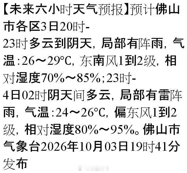 【未来六小时天气预报】预计佛山市各区3日20时-23时多云到阴天，局部有阵雨，气温：26～29℃，东南风1到2级，相对湿度70%～85%；23时-4日02时阴天间多云，局部有雷阵雨，气温：24～26℃，偏东风1到2级，相对湿度80%～95%… ​
