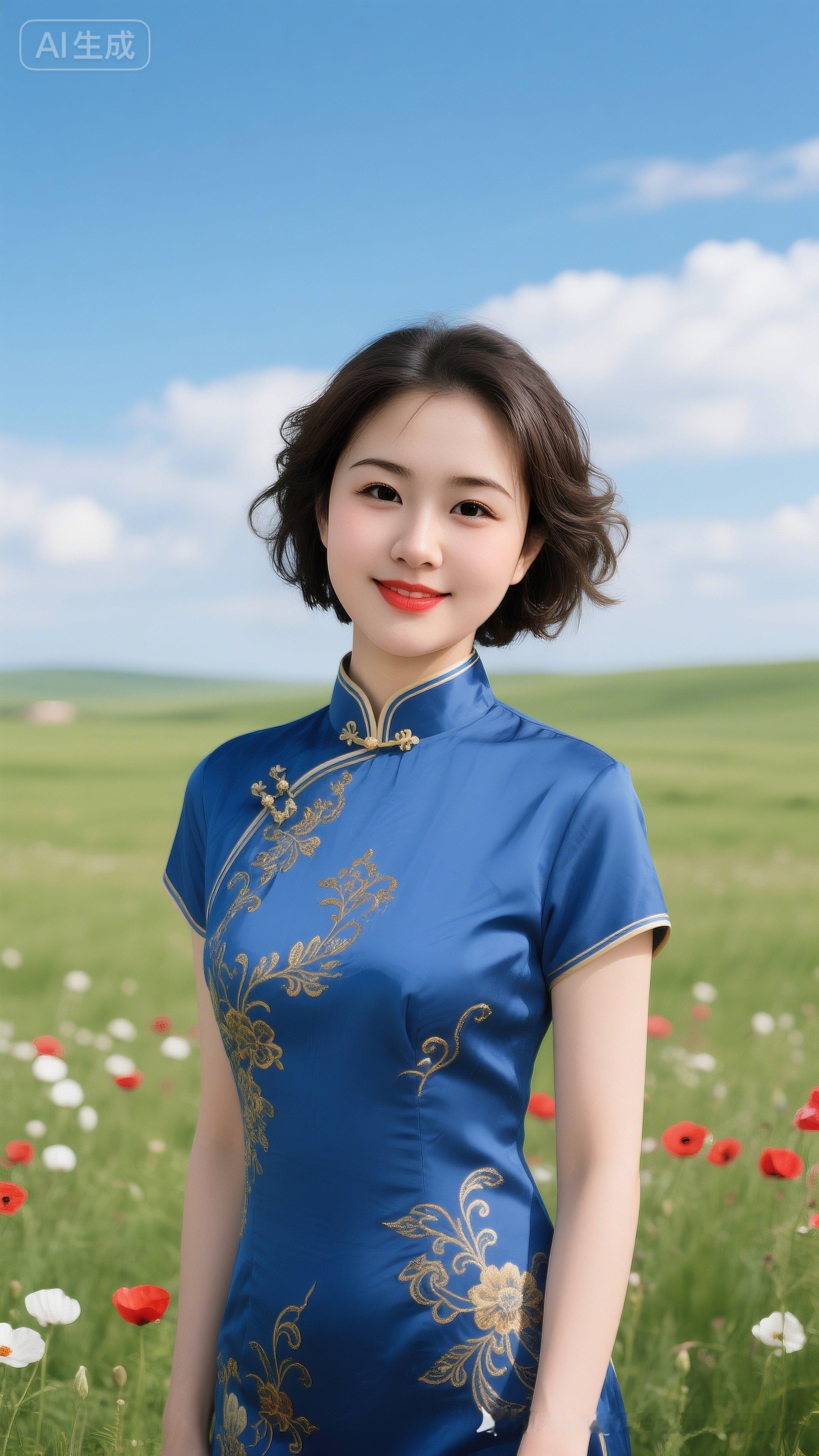 惊艳的蓝金旗袍，草原上的优雅女神！