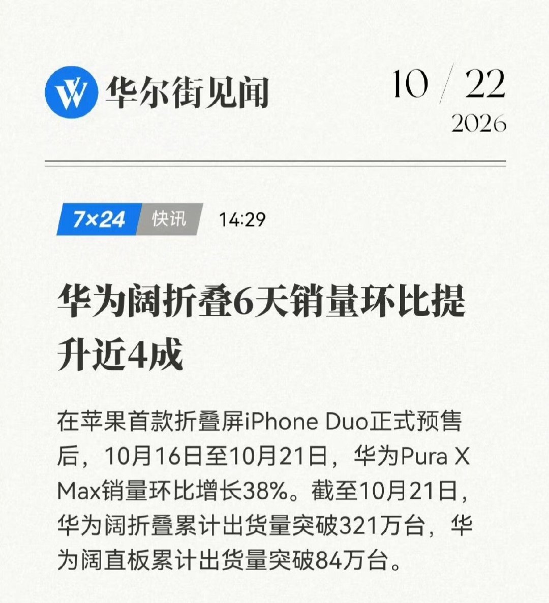 不得不说华为后劲十足。

阔折叠累计出货突破321万台，阔直屏也达到84万台。
 
很多人本来是冲着iPhone Duo来了解阔折叠品类，对比完折痕、生态、价格之后，不少人选了打磨已久的华为阔折叠[跪了]#iPhoneDuo开售带火华为阔折叠# ​