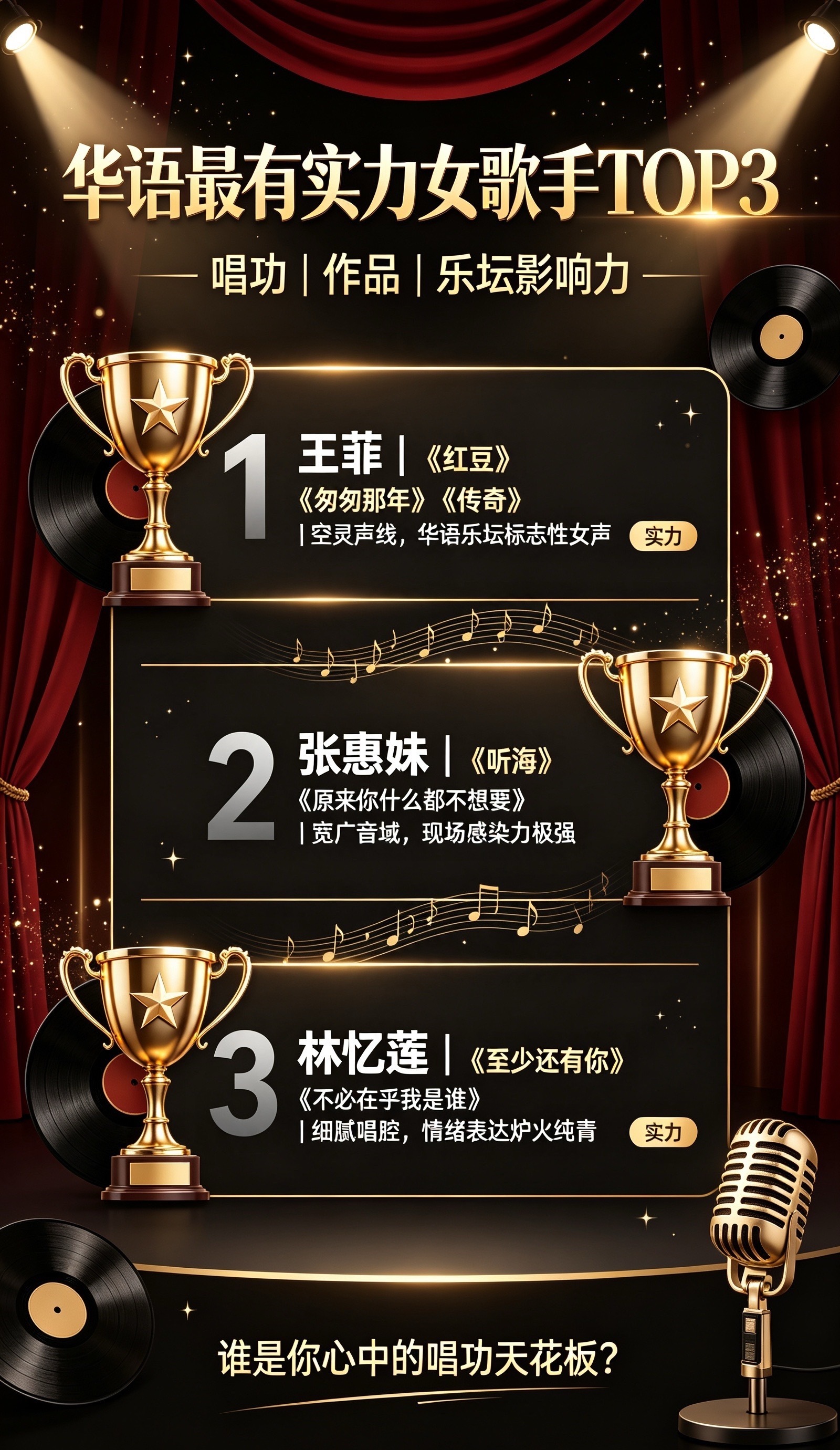 ✨华语最有实力女歌手TOP 3🔥

1. 王菲
代表作：《红豆》《匆匆那年》《传奇》
特点：独一无二空灵声线，气声唱法极具辨识度，风格前卫，是华语乐坛极具艺术高度的标志性歌手，影响无数后辈。

2. 张惠妹（A-Mei）
代表作：《听海》《原来你什么都不想要》《Bad Boy》
特点：音域宽广，爆发力极强， ​