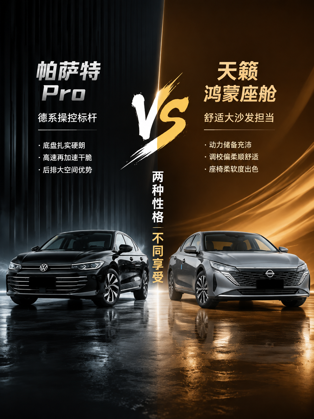 都说合资B级车开起来大差不差，真把这两台2.0T拉出来遛遛，性格完全是两码事。
帕萨特 Pro 380TSI 星空龙尊版搭载2.0T引擎，220马力匹配7挡双离合，最大扭矩350N·m，车长达5006mm、轴距2871mm。底盘支撑扎实硬朗，高速再加速干脆利落，后排纵向空间优势明显，长途巡航沉稳有底