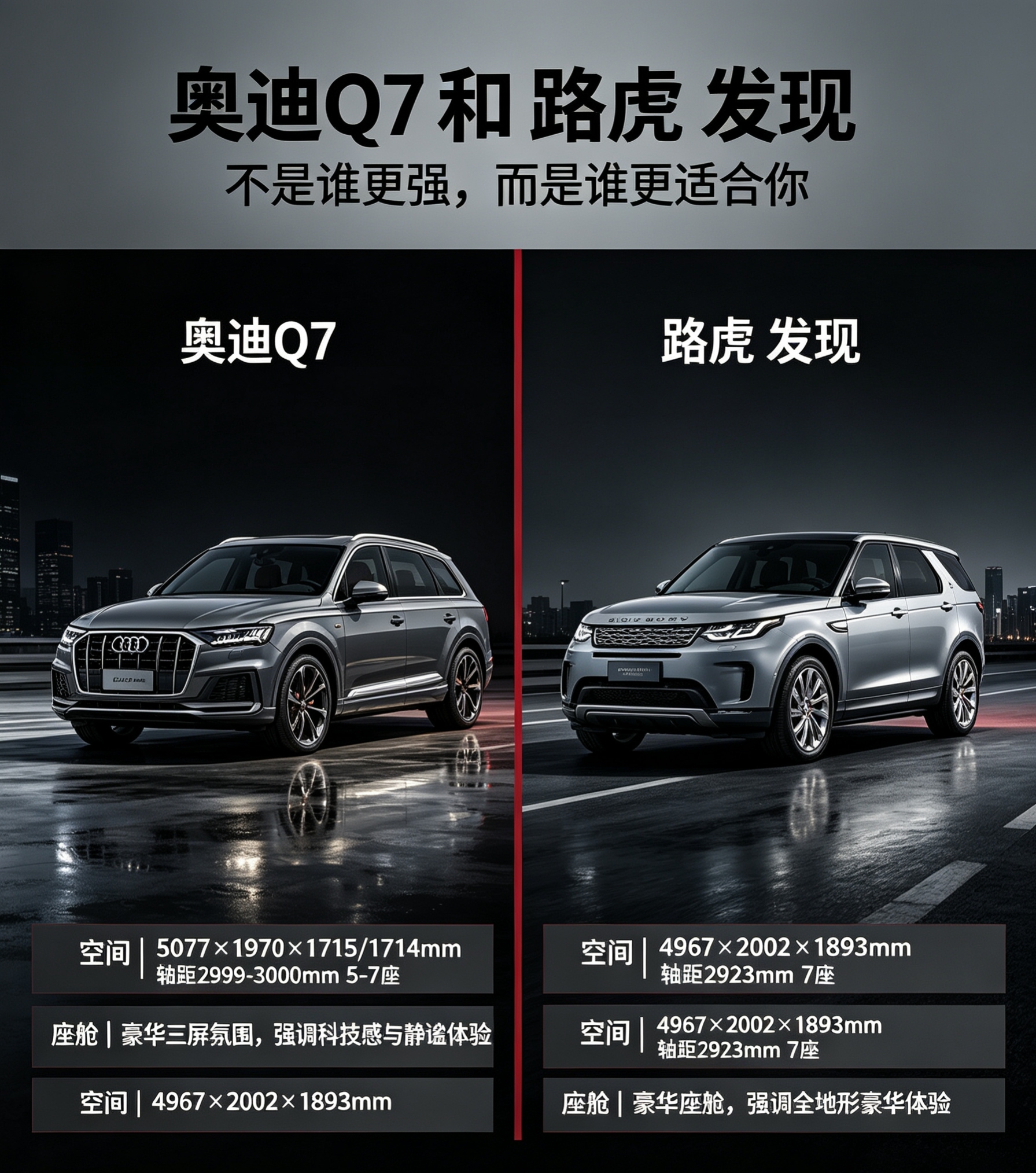 两台中大型7座SUV，都能兼顾家庭出行与长途自驾，但取向截然不同。
奥迪Q7风格内敛稳重，城市通勤质感更强，座舱偏向精致舒适，日常使用更省心。
路虎发现带着硬派基因，通过性底子更好，座舱保留越野车型的实用设计，更适合偏爱户外探索的人。
不必纠结绝对强弱，看你的用车场景来选就好。【来自懂车帝车友圈】
