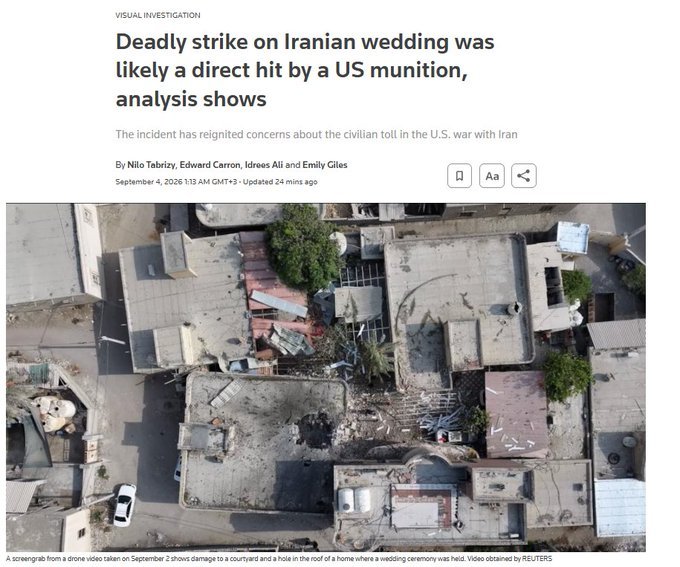 🇮🇷❗路透社核验影像资料后，武器专家研判：

伊朗南部一场婚礼现场造成4人死亡、至少68人受伤的袭击，极有可能是美国武器直接命中所致。
 
9月1日发生在库赫斯塔克的这起袭击，再度引发外界对美伊冲突当中平民伤亡问题的担忧。
 
美国官方确认在该区域实施打击，称袭击目标为军事相关设施，其中 ​