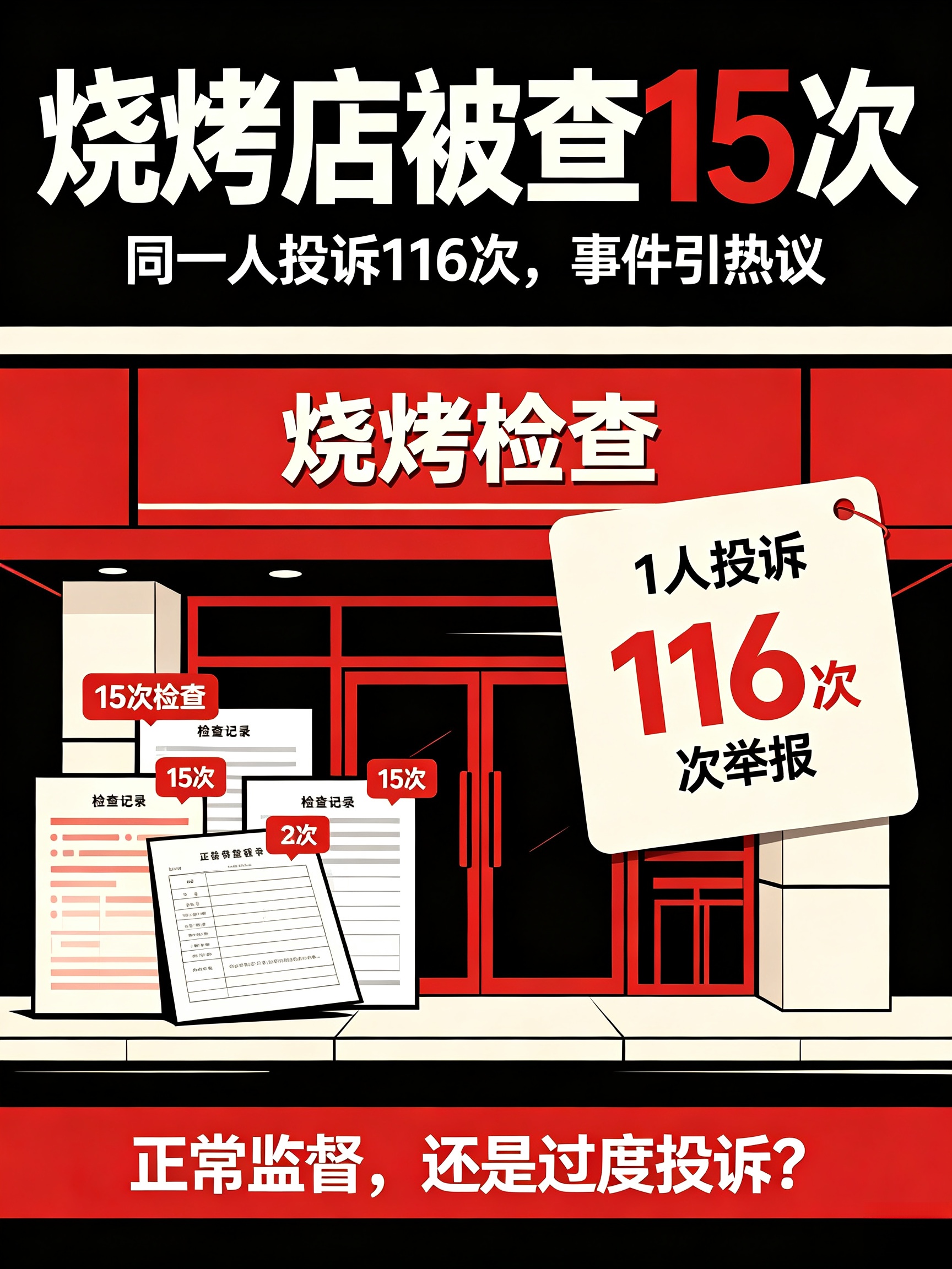 离谱！一家烧烤店遭116次投诉，接连15次上门检查引发热议

山东菏泽一家烧烤店，短时间内接连迎来15次部门上门检查，正常经营受到明显影响，此事一经曝光迅速引发网友热议。经官方调查核实，海量投诉里，高达116次的举报来自同一个人。
 
这名举报人不仅针对该烧烤店，还对当地六十余家烧烤、熟食门店批量发