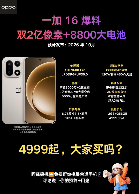 4999 起！一加 16 双 2 亿影像曝光