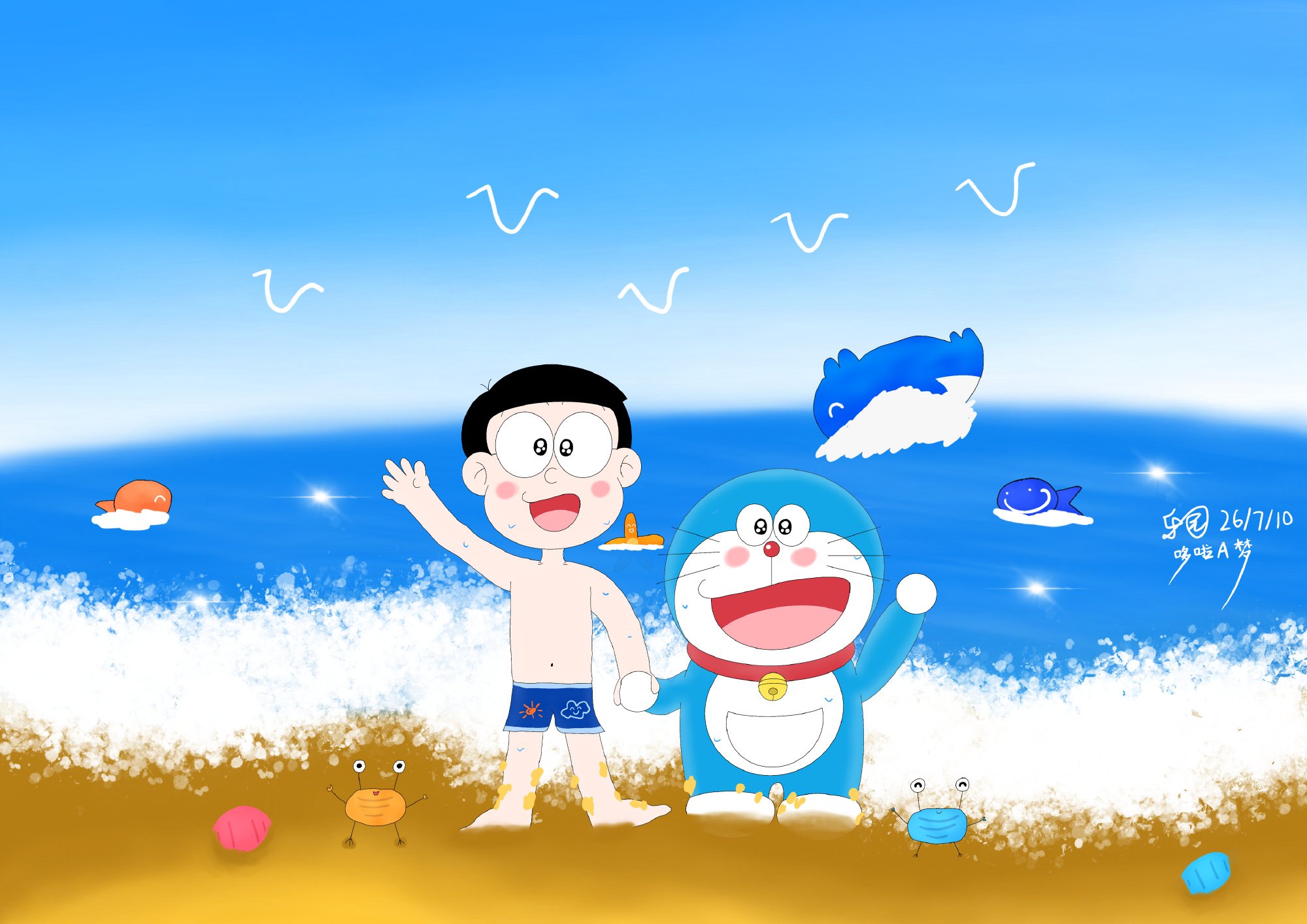 哆啦a梦 海边的美好·多分辨率壁纸 本画作已适配手机、电脑、平板及折叠...