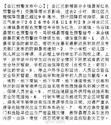 【曲江预警发布中心】[曲江区新增部分乡镇暴雨红色预警信号]受强降雨云系...