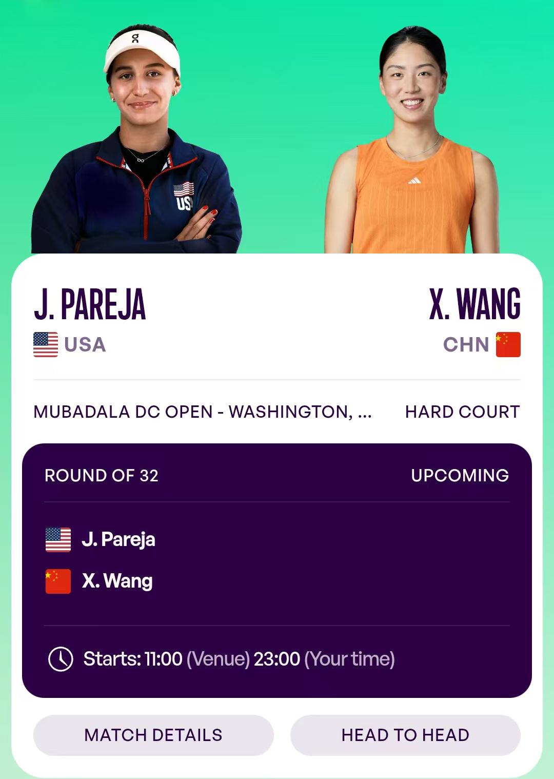 WTA500华盛顿站首轮赛程更新，今晚23:00王欣瑜vs帕雷哈。郑钦...