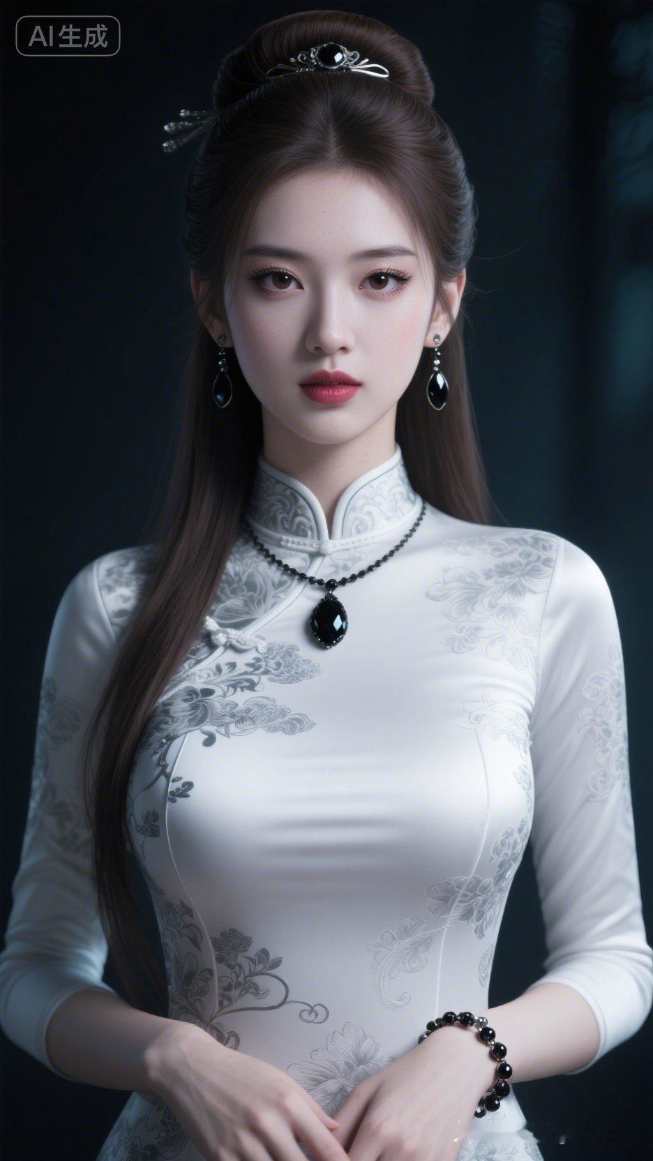 这位美女穿着旗袍，优雅迷人。