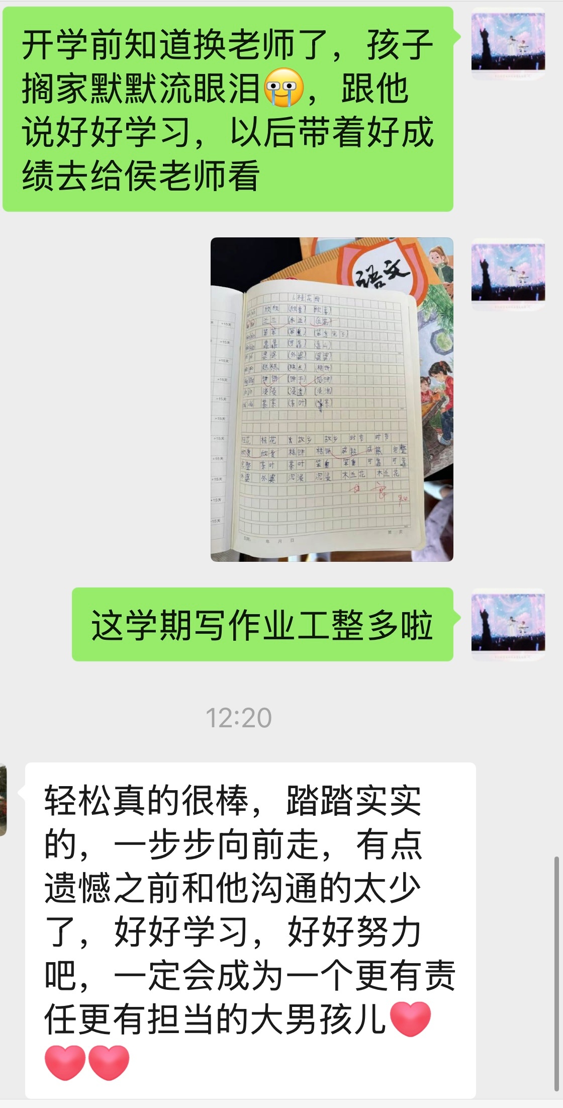 回想起那个，好像只会调皮惹麻烦，去别的班上课把别人桌布画的乱七八糟，放学排队和同学打架打到地上翻滚，英语课不守纪律乱接话茬，的小男孩。老师也会觉得有点遗憾，没有更多的沟通和了解你吧，不过至少现在老师知道，你有把她放在心里[抱一抱] ​​​