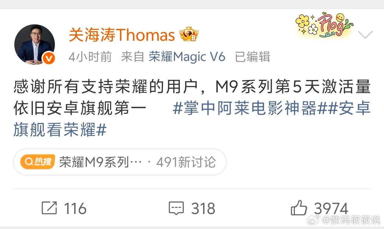 9月这一次的五款旗舰机型发布，彻底打破了品牌效应。荣耀Magic9凭借着强悍的硬实力，不仅实现了首销日销量突破，还连续五天都做到了日激活量第一。

此外据悉，10月荣耀还准备了惊喜，会在游戏体验和续航上带来不错的表现。#荣耀高管回应M9系列销量##荣耀M9系列激活量连日登顶##荣耀[超话]# ​