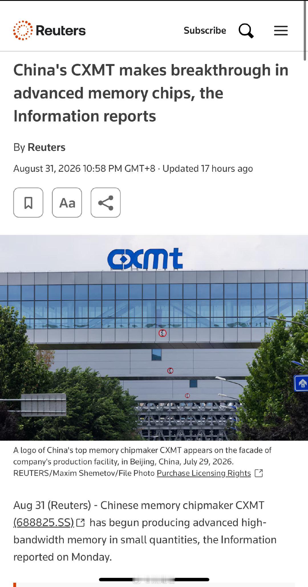 路透社：长鑫科技在试产HBM3E，这是一种用于AI芯片组的高级高带宽内存；
平头哥半导体、寒武纪等科技公司正在进行产品测试。 ​