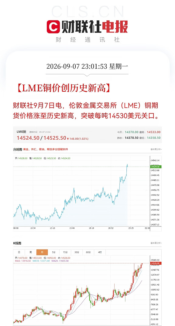 LME铜价破每吨14530美元 创历史新高