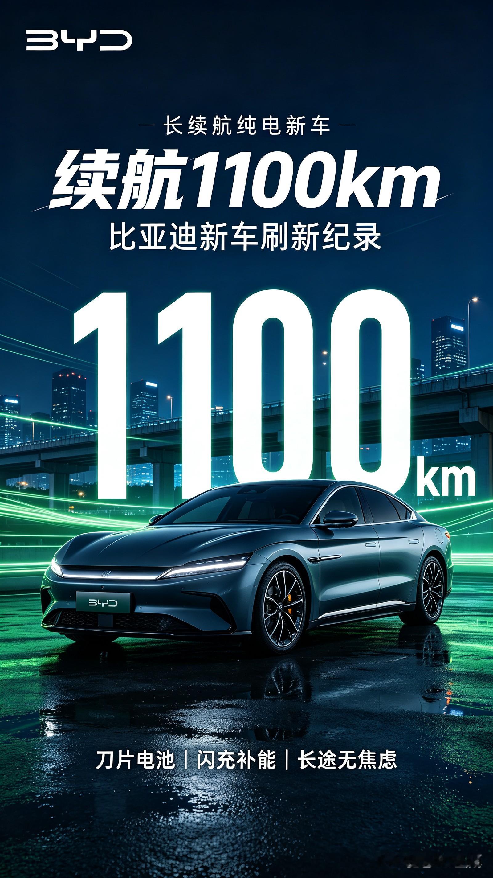 续航直接干到1100km！比亚迪新车刷新行业纪录
 
不少朋友买电车，最头疼的就是续航焦虑，出门总惦记着找充电桩，生怕半路没电趴窝。很多人都说，想要上千公里续航，得等固态电池落地才行，谁能想到比亚迪直接把幻想照进现实了。
 
这款腾势Z9S，CLTC纯电续航直接做到1100公里，直接刷新量产纯电轿车