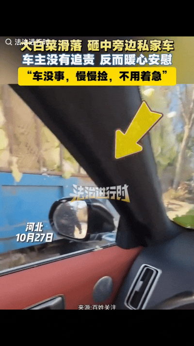 河北街头的这一幕太暖心了！一辆农用车因白菜堆得太高，半路突然垮塌，大片白菜倾泻而下，把旁边私家车砸得满身菜叶，路面瞬间白茫茫一片。
 
自己的车好端端在路上开着，突然被旁边翻倒的超高货堆迎头砸中，车身被砸损、沾满污渍，换做任何一个司机，第一反应大概率是火冒三丈。
 
但2026年10月27日的河北公