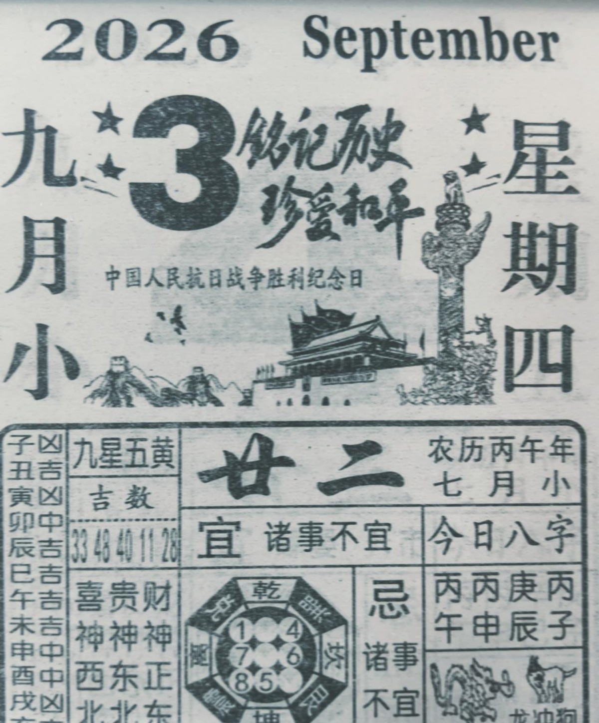 81年前，人拿命换来的日子。81年后，有人拿它看黄历。
你刷到这条消息的时候，第一反应是不是也愣了一秒？2026年9月3日，抗战胜利81周年。农历七月廿二，星期四。有帖子说这天“财正东”，图个好彩头。
我不反对人想讨个好彩头。开门做生意，谁不想顺顺当当。可你把日历翻回81年前的那一天，硝烟刚散，土地