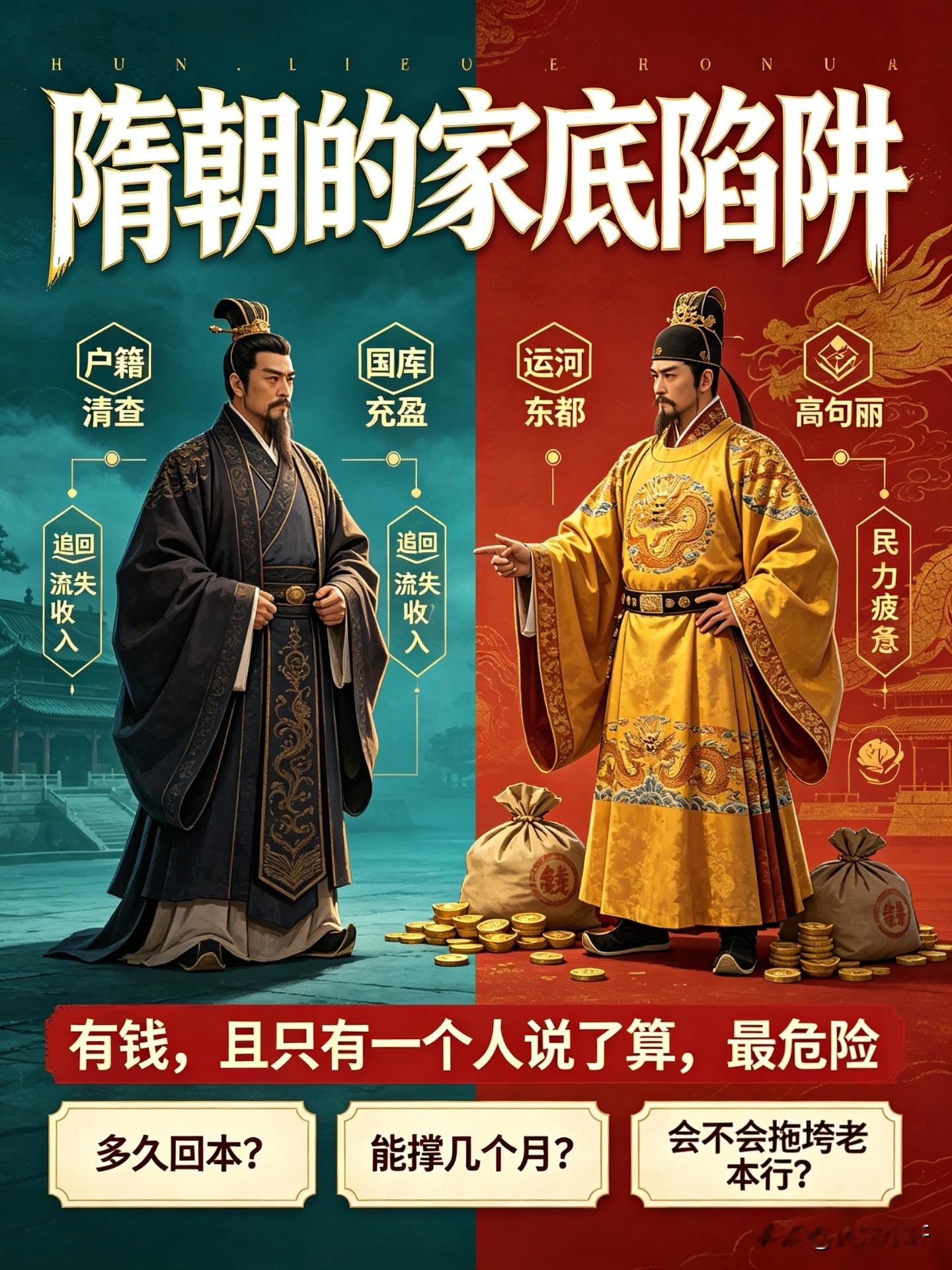 很多人都被骗了：隋朝灭亡，根本不是杨广挥霍，而是杨坚埋下的家底陷阱。
你以为杨坚靠抠门攒出国库，其实人家玩的是一套收割税源的玩法。
 
我以前读书也以为杨坚省吃俭用攒银子，翻史料才看清关键：大索貌阅。清查豪强藏匿的人口，全部登记纳税，纳税户口直接翻倍。
说白了不是省，是拿回长期流失的收入。放到开公司