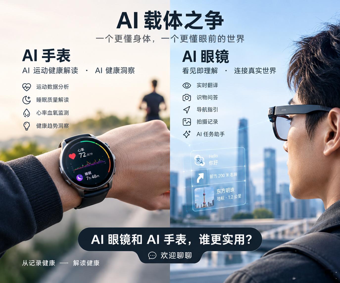 AI眼镜和AI手表，谁才是更实用的AI载体？

鸿蒙AI手表主打的是——通过运动、睡眠、心率等数据，让AI更懂你的身体，从“记录健康”进一步走向“解读健康”。

AI眼镜则是把AI放到眼前：看见什么就理解什么，翻译、识物、导航、拍摄，甚至直接调用AI完成任务。

一个连接的是身体数据，一个连接的是现实 ​