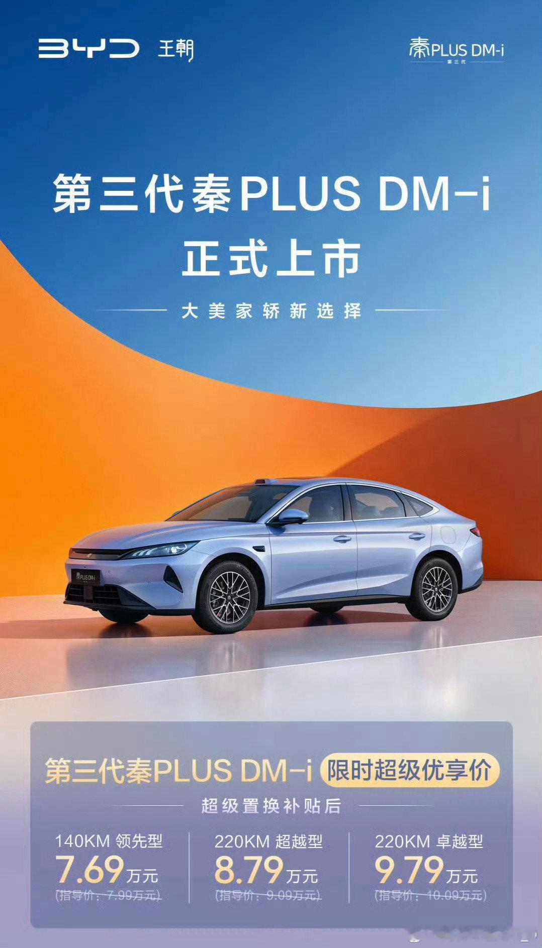 比亚迪第三代秦PLUS上市了，
140续航，7.69万；
220续航，8.79万和9.79万！

简单直观，秦L的外观内饰，加入秦PLUS的标志性日行灯，尺寸和质感同时升级[二哈]
#第三代秦PLUS##比亚迪秦plus# ​