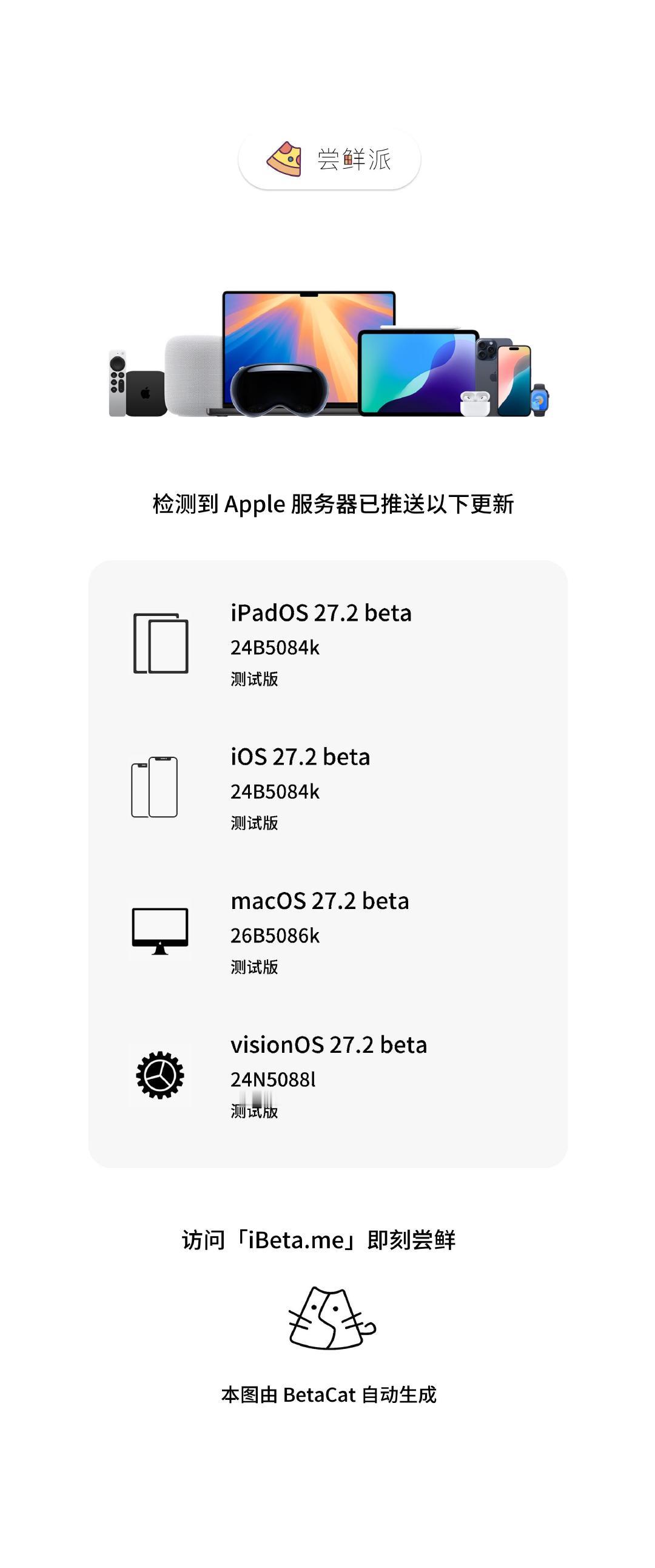 检测到苹果服务器已经推送了以下内容：

iPadOS 27.2 beta (24B5084k)
iOS 27.2 beta (24B5084k)
macOS 27.2 beta (26B5086k)
visionOS 27.2 beta (24N5088l)

来自：iBeta 尝鲜派 -> ​