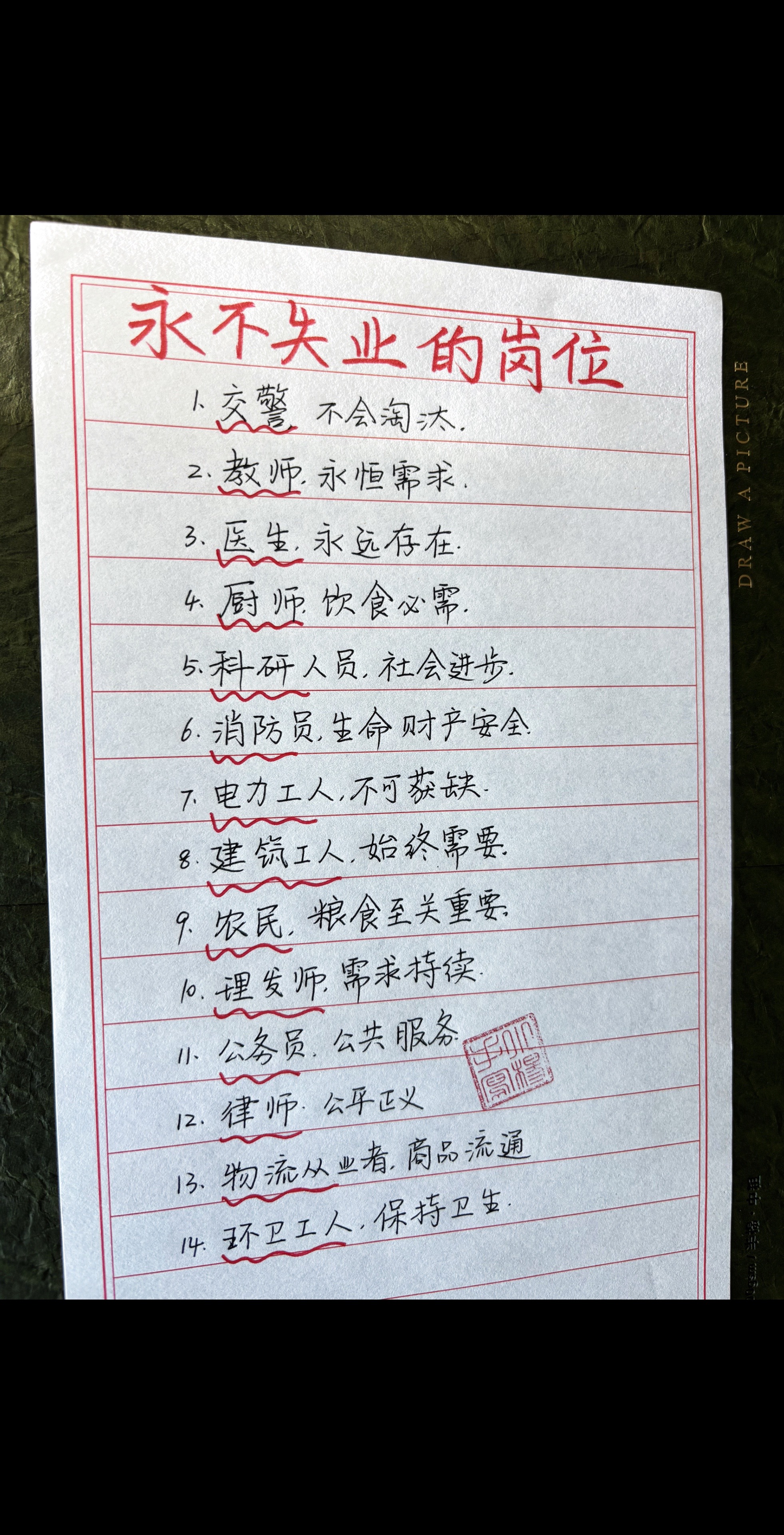 这14个岗位永远不会失业💼你在其中吗？刚需型岗位永不失业，离了谁地球都转但离了他们不行。
手写 职业规划 打工人 就业