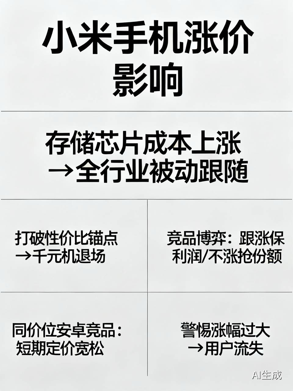 #小米手机涨价对其他品牌有何影响#
小米涨价并非孤立事件，而是‌存储芯片成本暴涨引发的全行业被动跟随‌；其核心影响是‌打破“性价比”价格锚点，加速千元机退场，并迫使竞品在“跟涨保利润”与“不涨抢份额”间博弈‌。‌
同价位安卓竞品（OPPO/vivo/荣耀）‌：获得‌短期定价宽松窗口‌，可顺势跟进调价